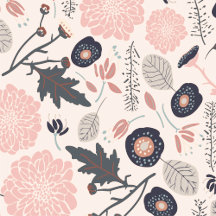 Botanical Flowers Black Pink Floral Pattern