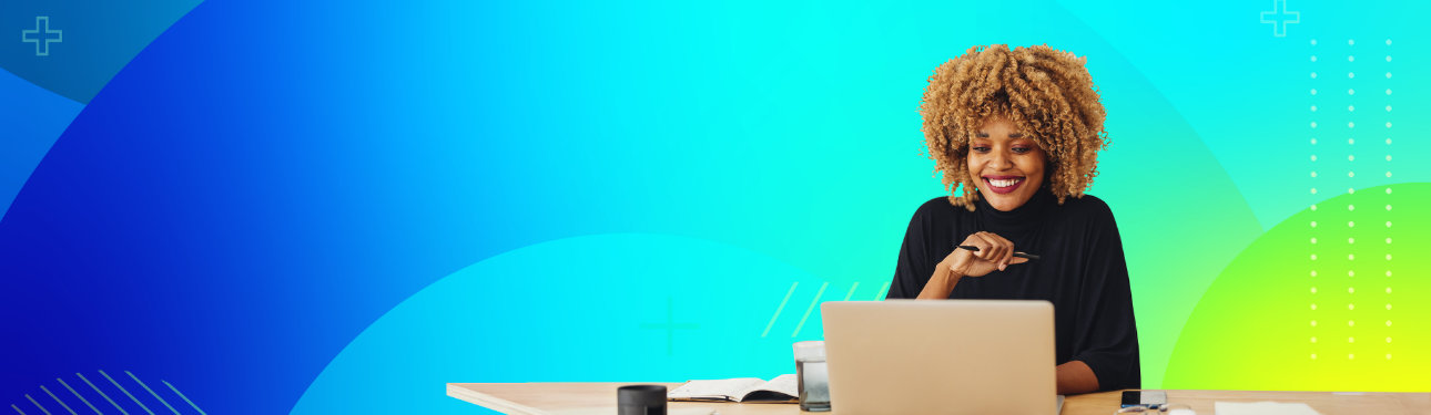 Promotional banner for the Zazzle Ambassador Program. On the left, bold white text over a blue-to-teal gradient reads “Zazzle Ambassador Program – Turn Promotion into Profit.” On the right, a smiling woman sits at a desk, working on a laptop. The image conveys creativity, empowerment, and earning potential for Zazzle Ambassadors.