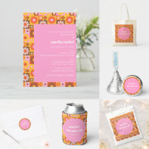 Cute Retro Groovy Floral Pink Orange Bat Mitzvah