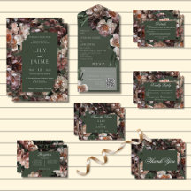 Boho Dark Peony Flowers Green Modern Wedding Suite