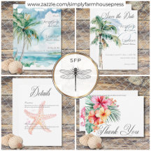Watercolor Modern Palms & Beach Scene Wedding