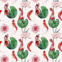 Japanese Watercolor Art Koi Fish Lotus Lily Pad 