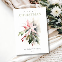 Christmas Berry Poinsettia Fauna Watercolor