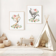 Woodland Animals, Pink Flowers Nursery Prints