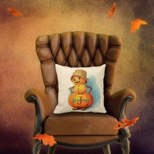 Halloween Pumpkin Man Sporting Straw Basket as hat