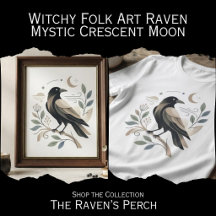 Witchy Folk Art Raven - Mystic Crescent Moon