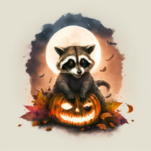 Halloween Watercolor Raccoon and Pumpkin