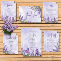 Boho Watercolor Lilac Flowers Wedding Suite Cards