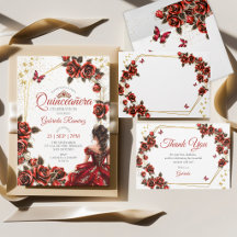 Red Golden Tiara Roses Butterfly Quinceañera