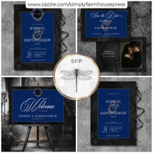 Dark Gothic Black Floral Satin Damask Blue Wedding