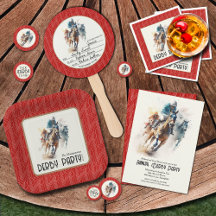 DERBY HORSES & JOCKEYS ON RED PARTY COLLECTION