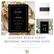 Elegant Black Script Wedding Invitation Suite
