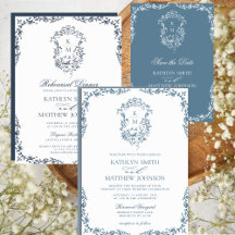 Dusty Blue Monogram Floral Elegant Vintage Crest