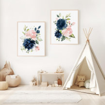 Navy and Blush Flowers Nursery Prints