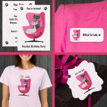 Mid Century Cats Sitting in Pink Chair Polka Dots