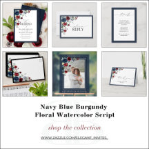 Navy Blue Burgundy Floral Watercolor Script