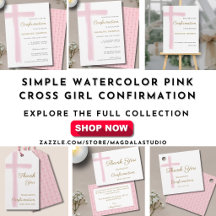 Simple Watercolor Pink Cross Girl Confirmation
