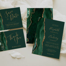 Emerald Green Gold Agate Script Wedding Suite