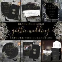 Gothic Roses Floral Black Gold Invitation Suite
