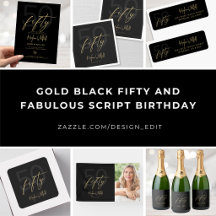 Gold Black Fifty and Fabulous Script Birthday