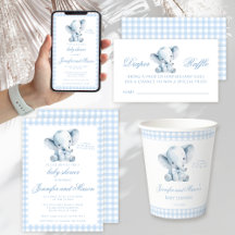 Cute blue elephant with bow tie baby boy shower
