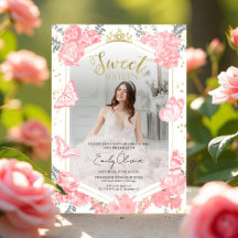 Watercolor Floral Pink Photo Sweet 16