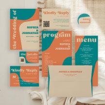 Retro groovy teal orange wedding suite