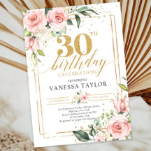 30th Birthday Boho Blush Pink Floral Gold Glitter