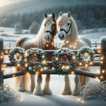 Pretty Watercolor Horses on a Snowy Christmas Day