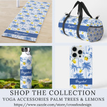 Blue Toile Palm Trees Lemons Name Yoga Accessories