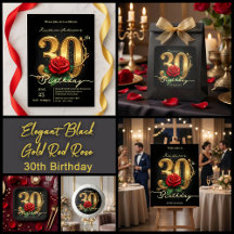 Elegant Black Gold & Red Rose 30th Birthday Party