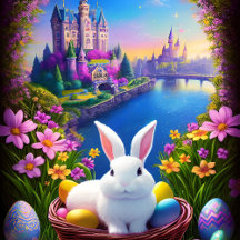 Magical setting with rabbit, flowers and castles 
