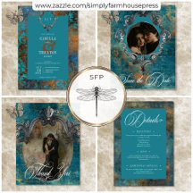 Gothic Antique Teal Gold Damask Wedding