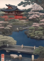 Temple on the River – Japanese Ukiyo-e Style