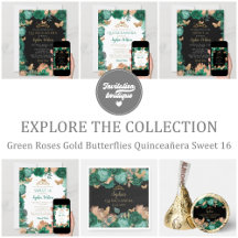  Green Roses Gold Butterflies Quinceañera Sweet 16