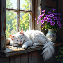 Fluffy White Cat Napping and Purple Flowers