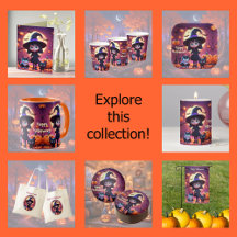 Cute little witch with cats and pumpkins 