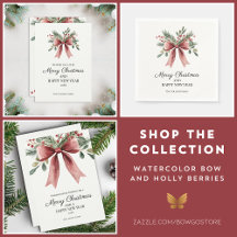 Elegant Merry Christmas Green Holly Rustic Red Bow