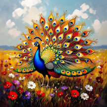 Pretty Turquoise Peacocks in Floral Fields