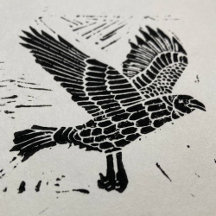 Black and White Flying Raven Linocut