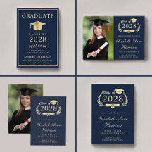 Elegant Blue Gold College Graduation Announcements