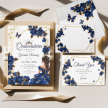 Navy Blue Golden Tiara Roses Butterfly Quinceañera
