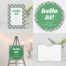 Cute Retro Checkerboard Pink Green Birthday