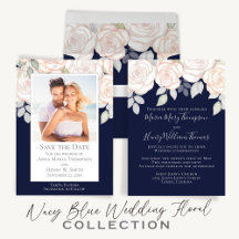 Wedding Navy Blue Blush Watercolor Floral Rose 