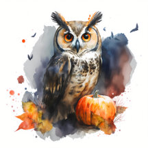 Halloween Watercolor Owl and Pumpkin