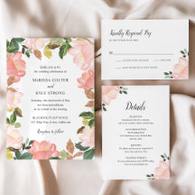 Pink Floral Frame Elegant Wedding Invitation Suite