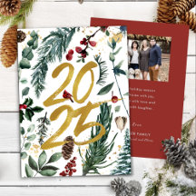 Elegant Gold 2025 Festive Pine Greenery Red Floral