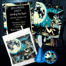 Vintage Witch, Cauldron and Black Cat Halloween