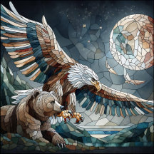 Mosaic Ai Art   Brown Bear and an Eagle Full Moon 
