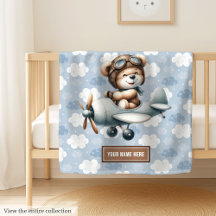 Teddy bear pilot aviator baby shower blanket #113B